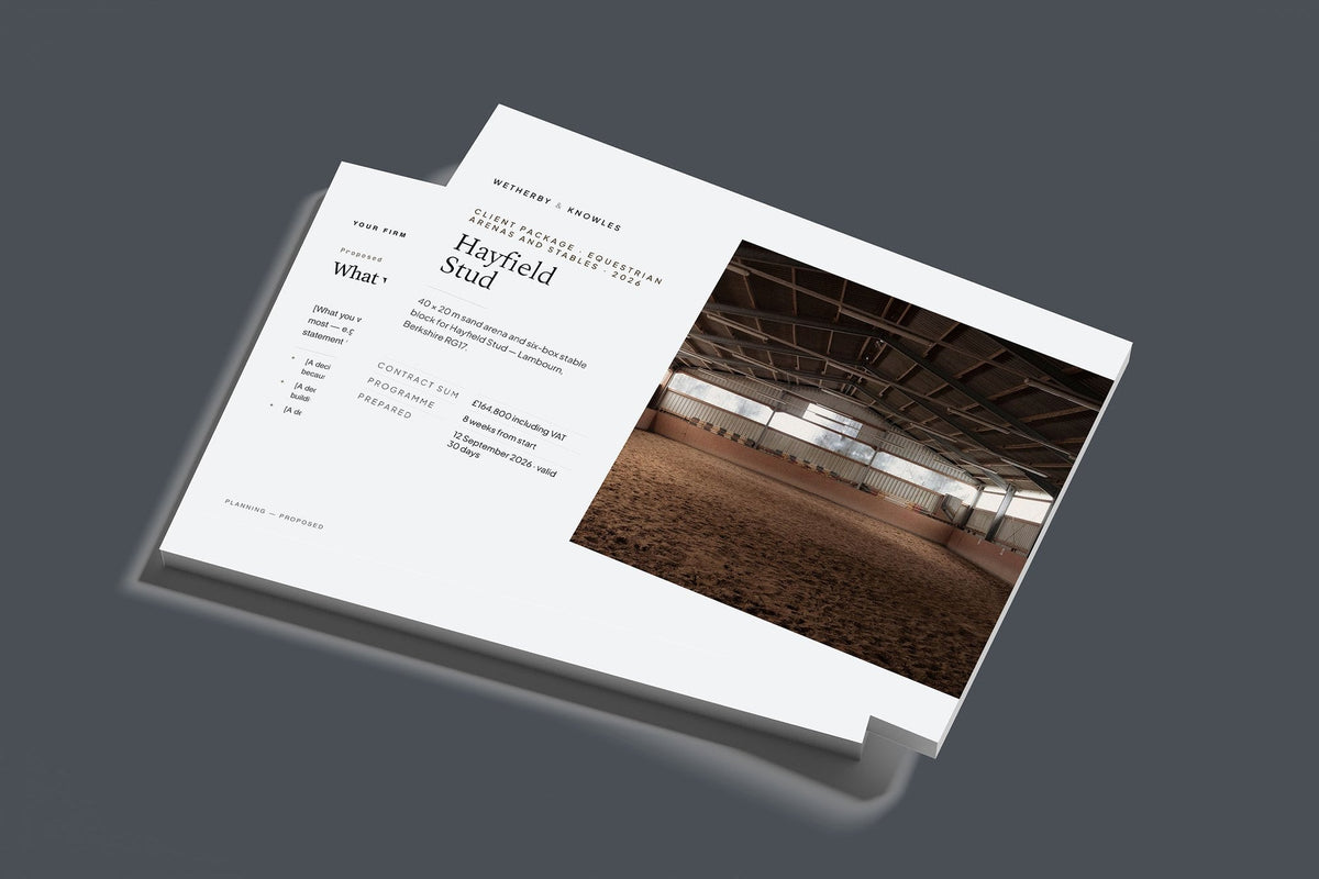 Equestrian Arenas and Stables Client Package, Slate colourway, stacked books mockup