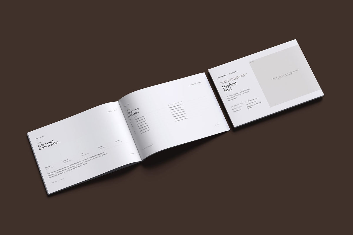 Equestrian Arenas and Stables Client Package, Standard colourway, cover and inside spread mockup