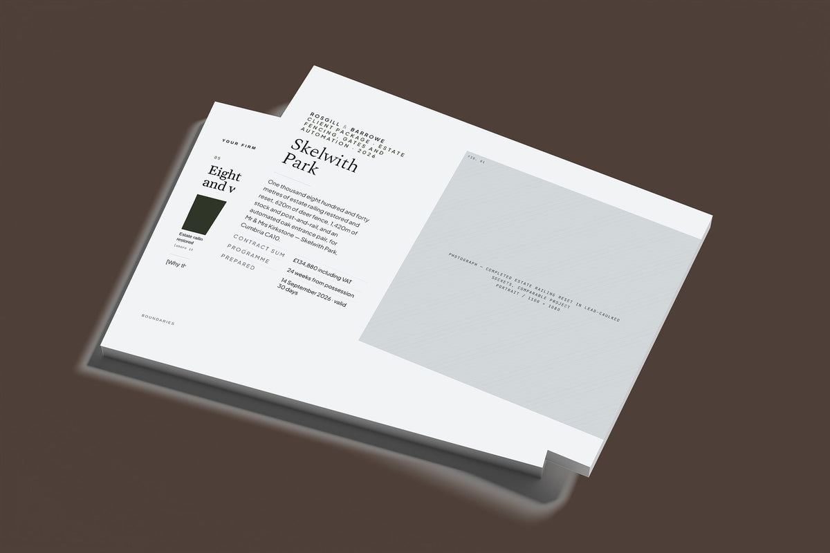 Estate Fencing Client Package, Slate colourway, stacked books mockup