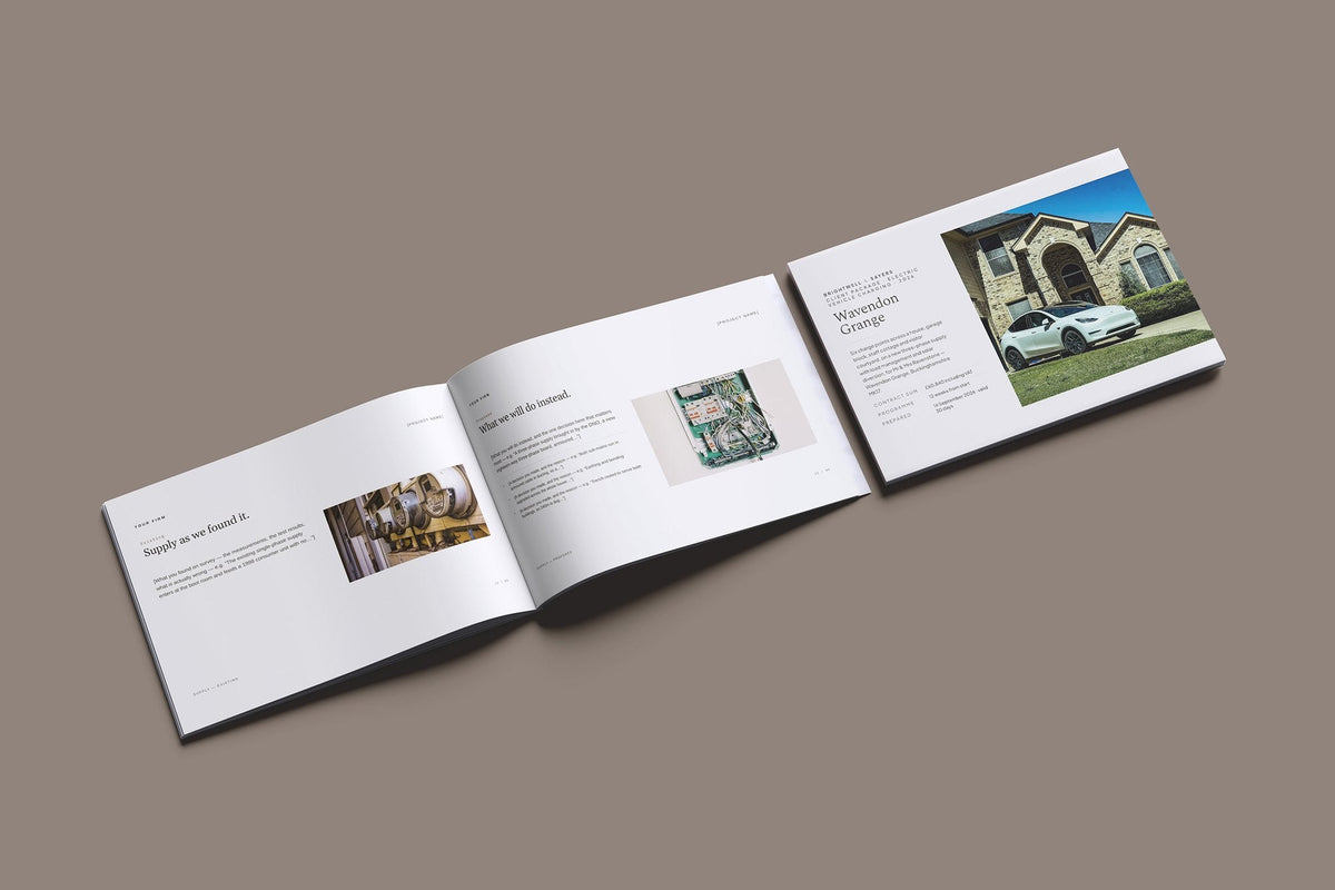 EV Charging Client Package, Oat colourway, cover and inside spread mockup