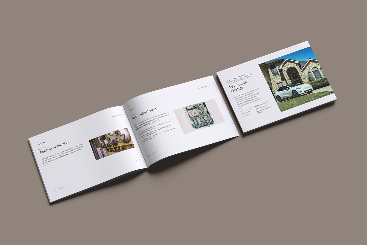 EV Charging Client Package, Standard colourway, cover and inside spread mockup
