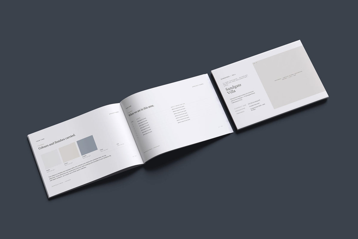 Exterior Painter Client Package, Oat colourway, cover and inside spread mockup