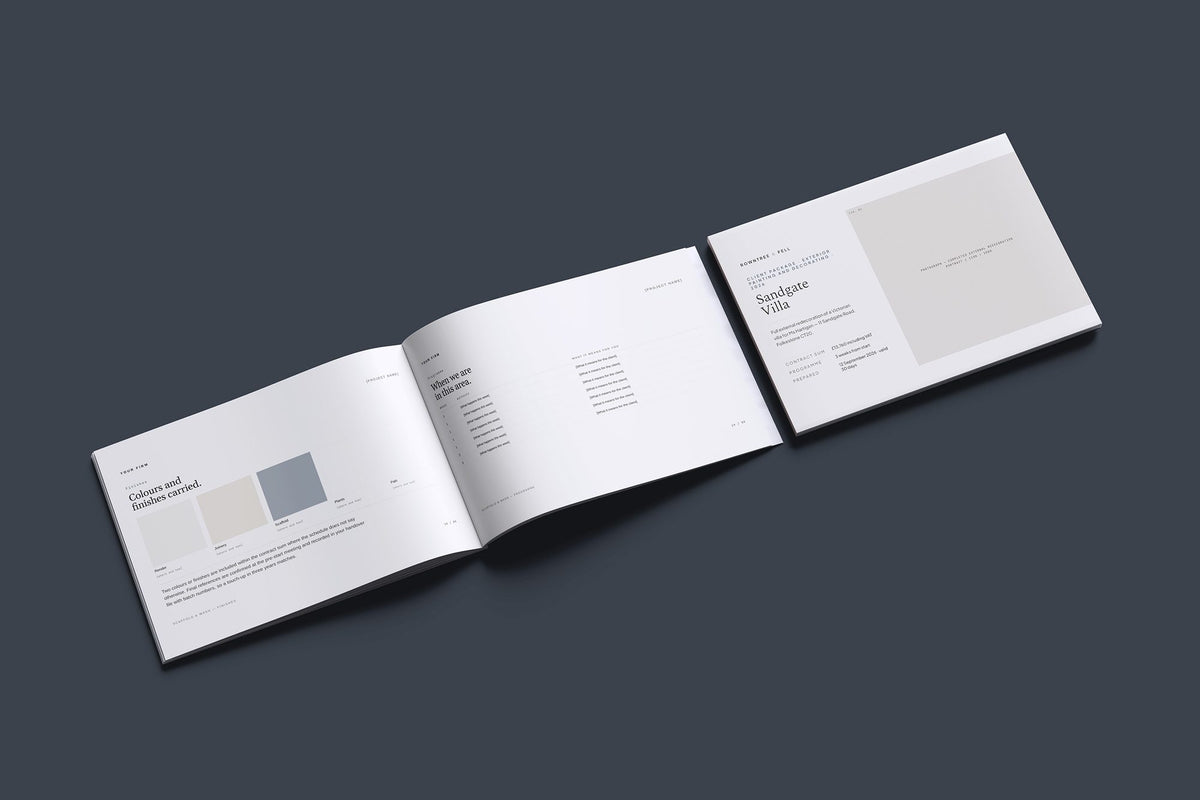 Exterior Painter Client Package, Standard colourway, cover and inside spread mockup
