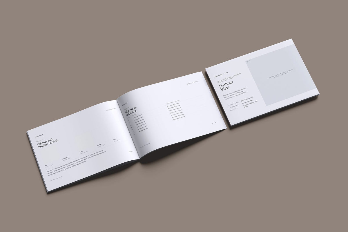 External Rendering Client Package, Slate colourway, cover and inside spread mockup