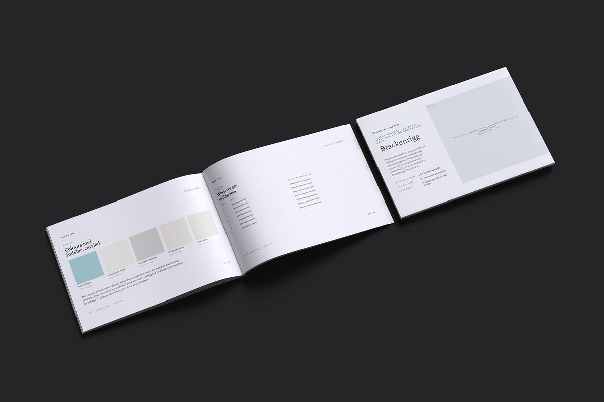 External Wall Insulation Client Package, Slate colourway, cover and inside spread mockup