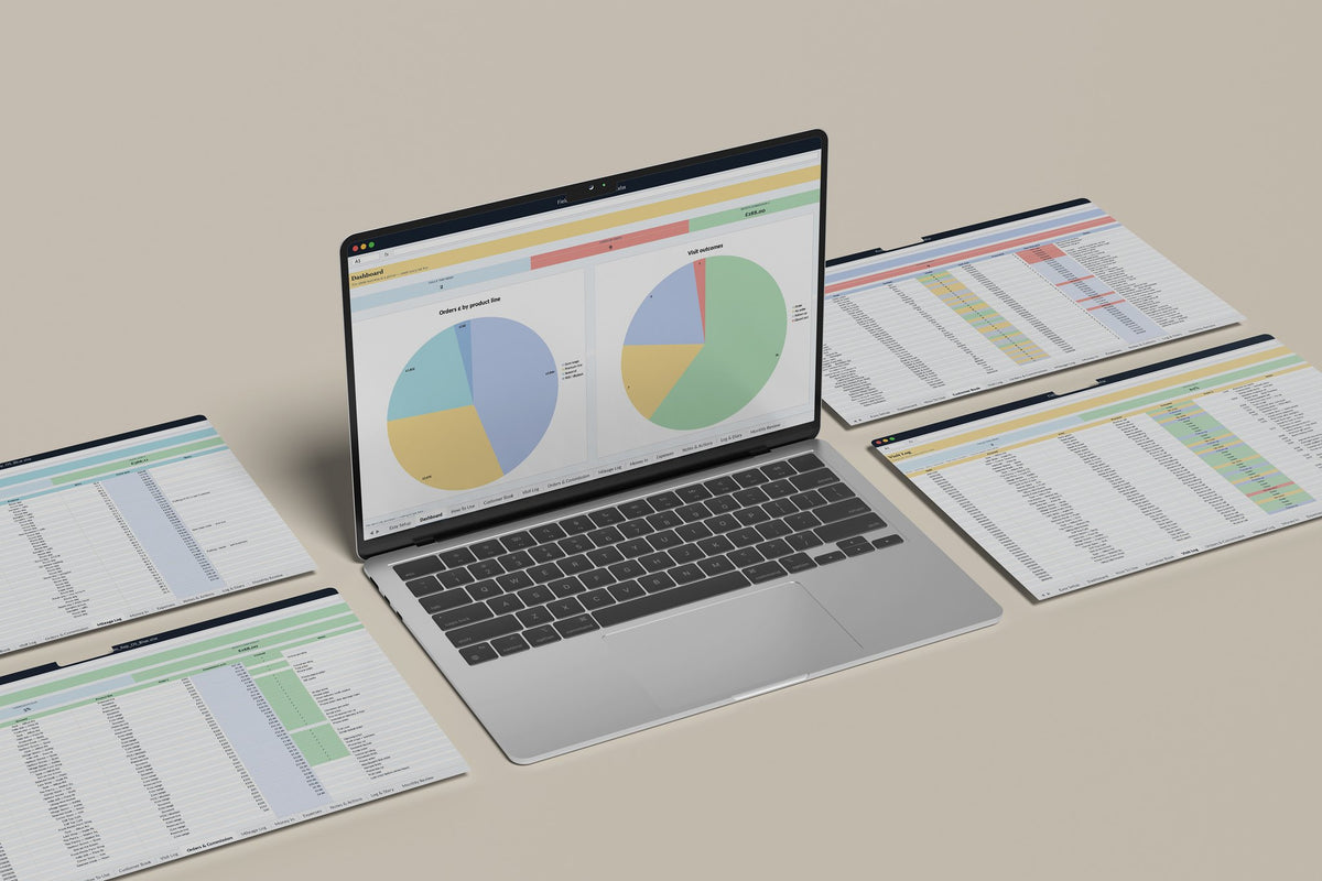 Field Sales Rep OS Excel template, Dashboard tab on a laptop screen