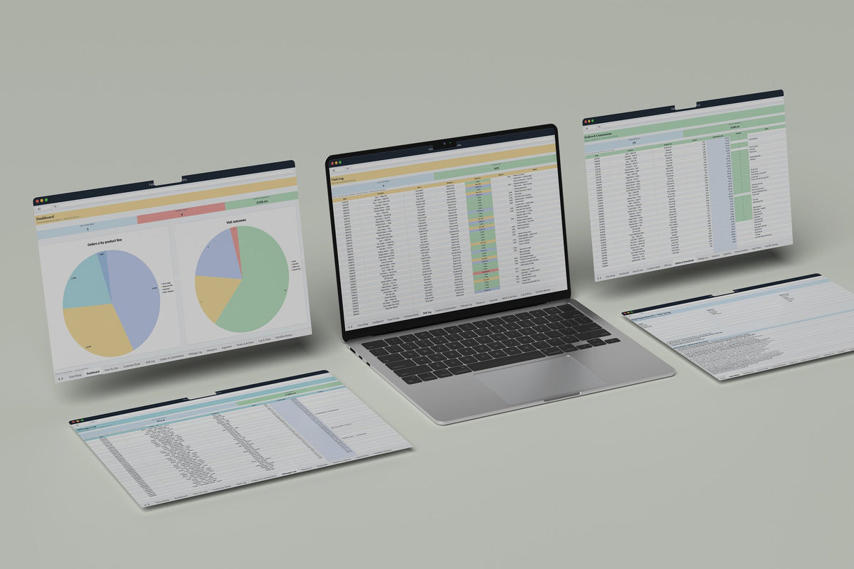 Field Sales Rep OS Excel template, Visit Log tab on a laptop screen