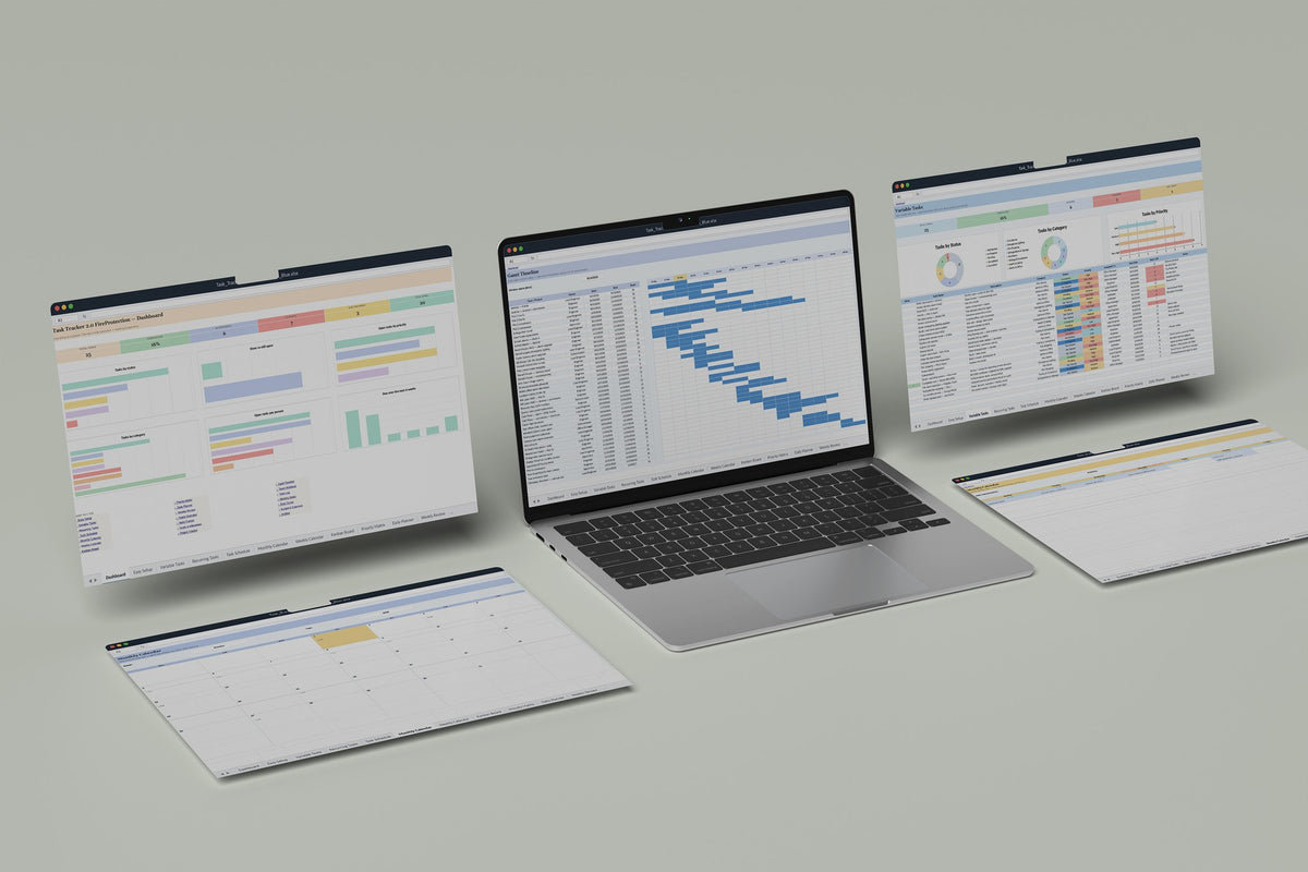 Fire Protection Task Tracker 2.0 Excel template, Gantt Timeline tab on a laptop screen