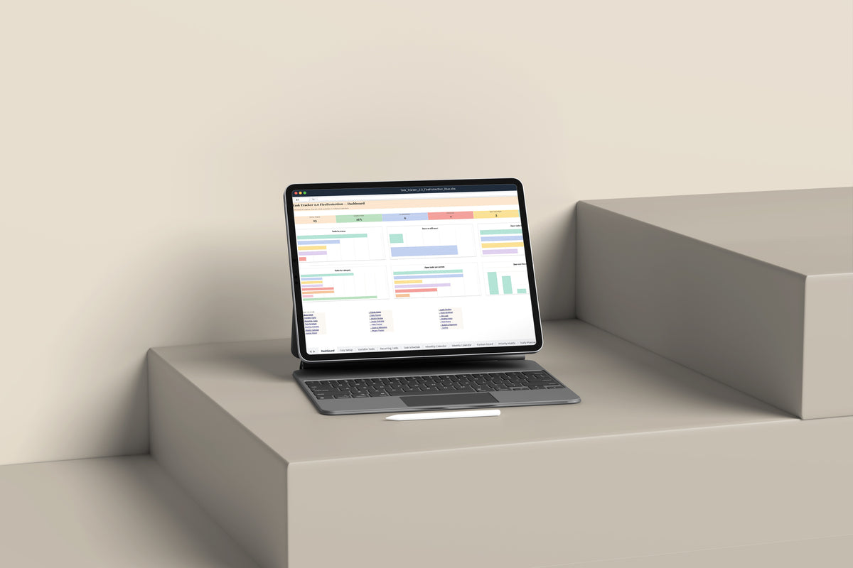 Task Tracker Fire Protection Excel template on an iPad with keyboard