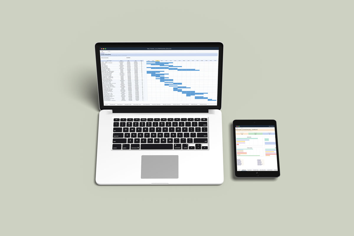 Task Tracker Fire Protection Excel template on a MacBook and iPad, second view