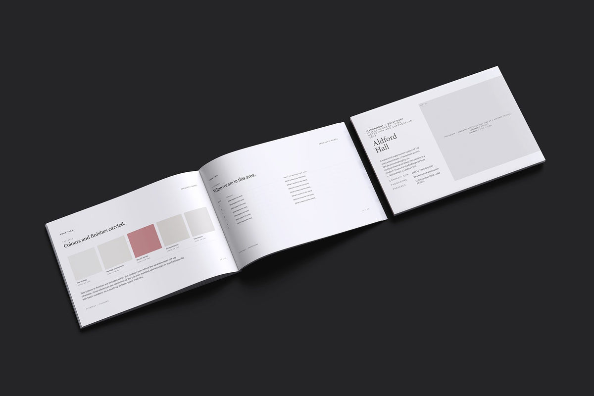 Fire Systems Client Package, Ivory colourway, cover and inside spread mockup