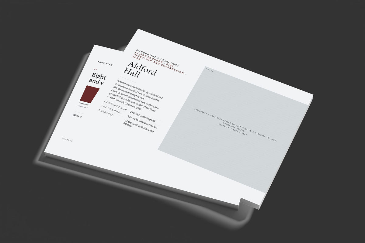 Fire Systems Client Package, Slate colourway, stacked books mockup