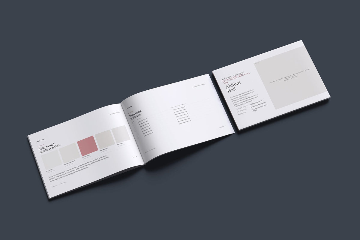 Fire Systems Client Package, Standard colourway, cover and inside spread mockup