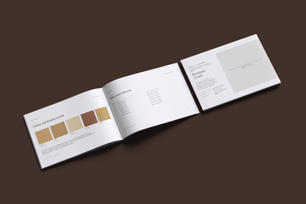 Fitted Wardrobes Client Package, Oat colourway, cover and inside spread mockup