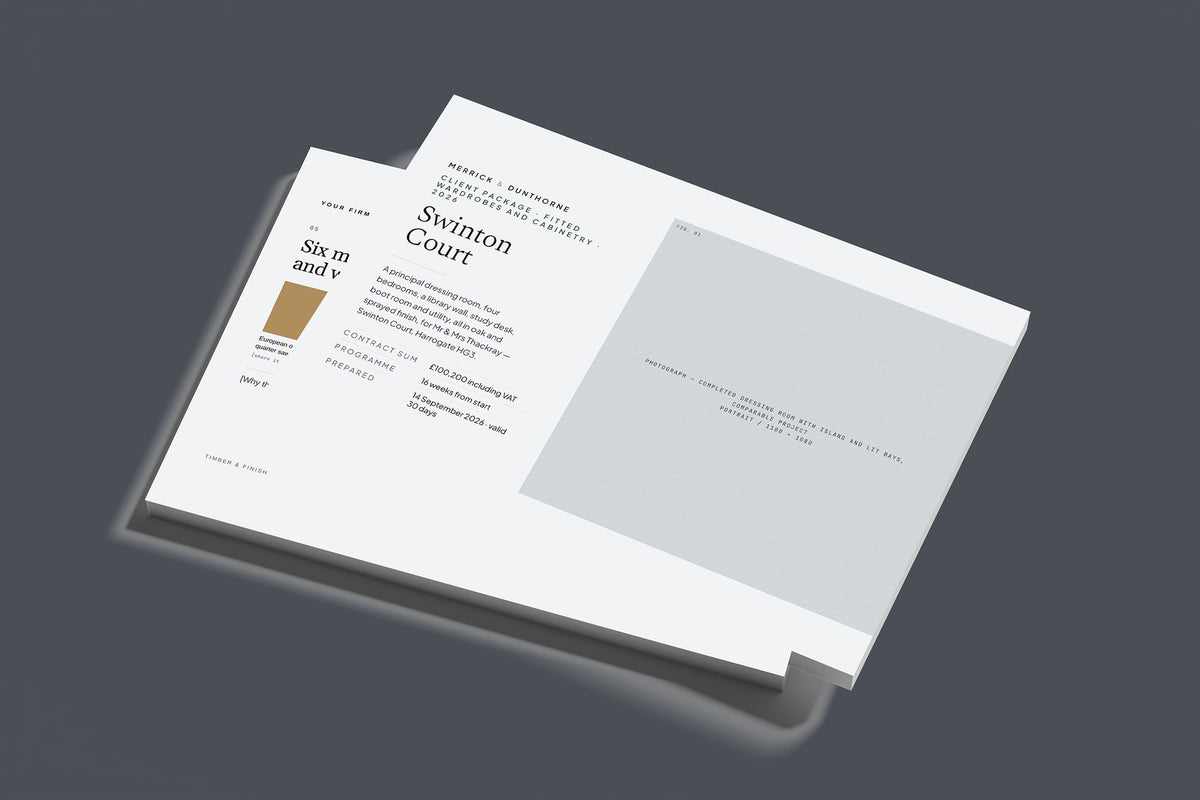 Fitted Wardrobes Client Package, Slate colourway, stacked books mockup