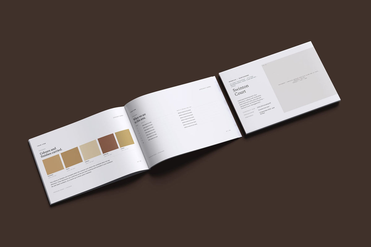 Fitted Wardrobes Client Package, Standard colourway, cover and inside spread mockup