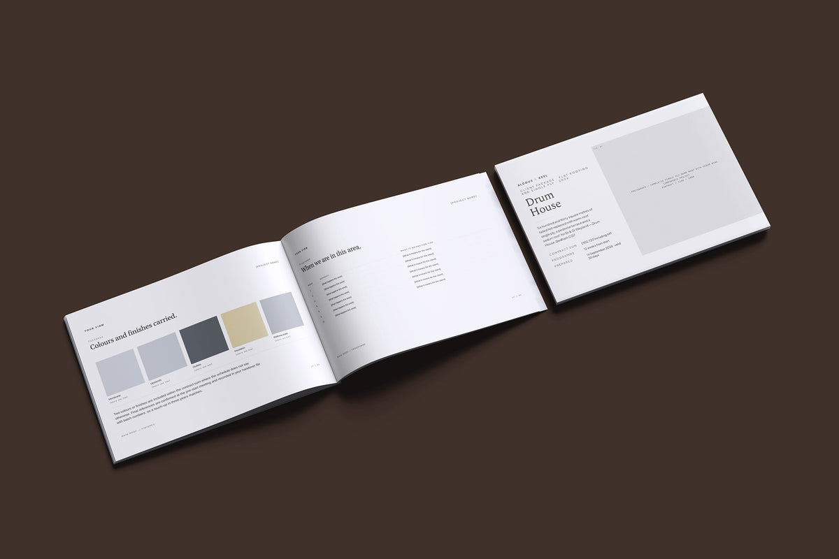 Flat Roofing Client Package, Ivory colourway, cover and inside spread mockup