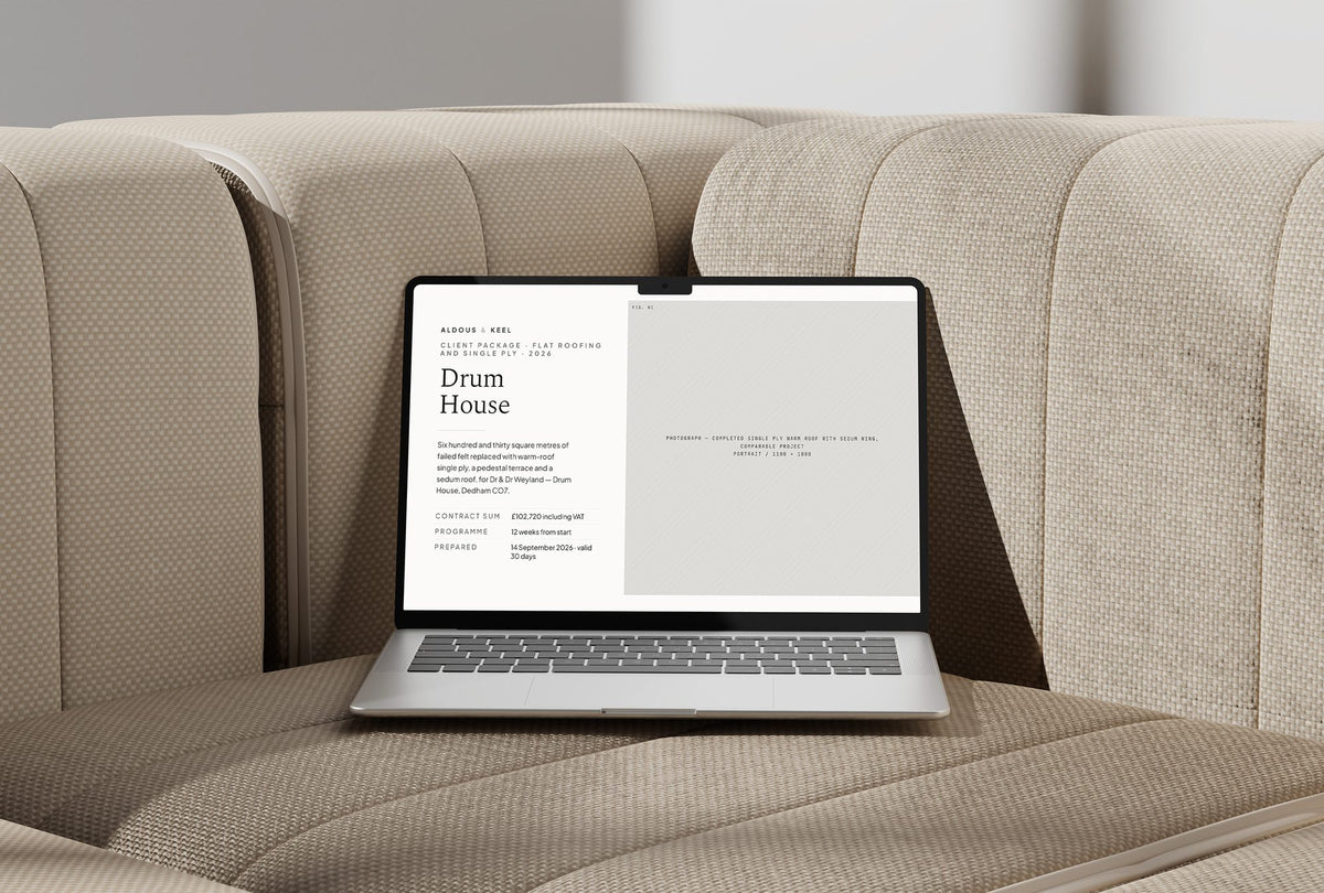 Flat Roofing Client Package, Ivory colourway, laptop screen mockup