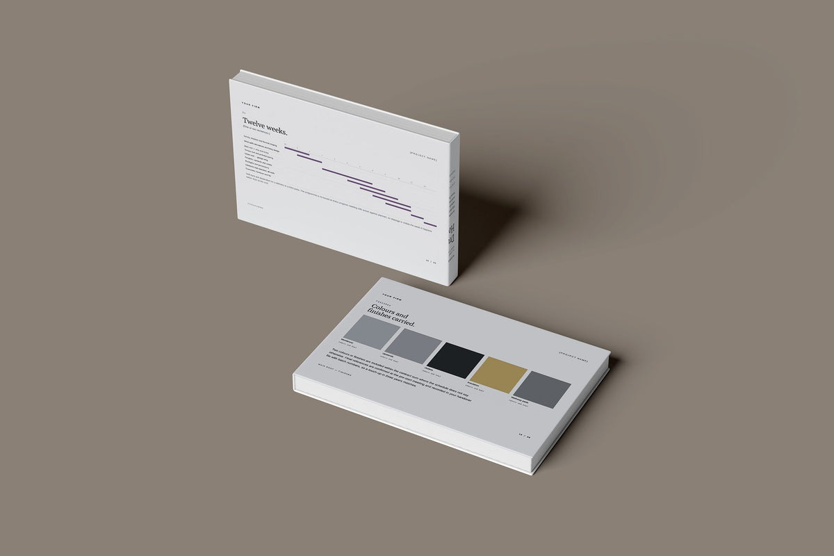 Flat Roofing Client Package, Slate colourway, floating books mockup