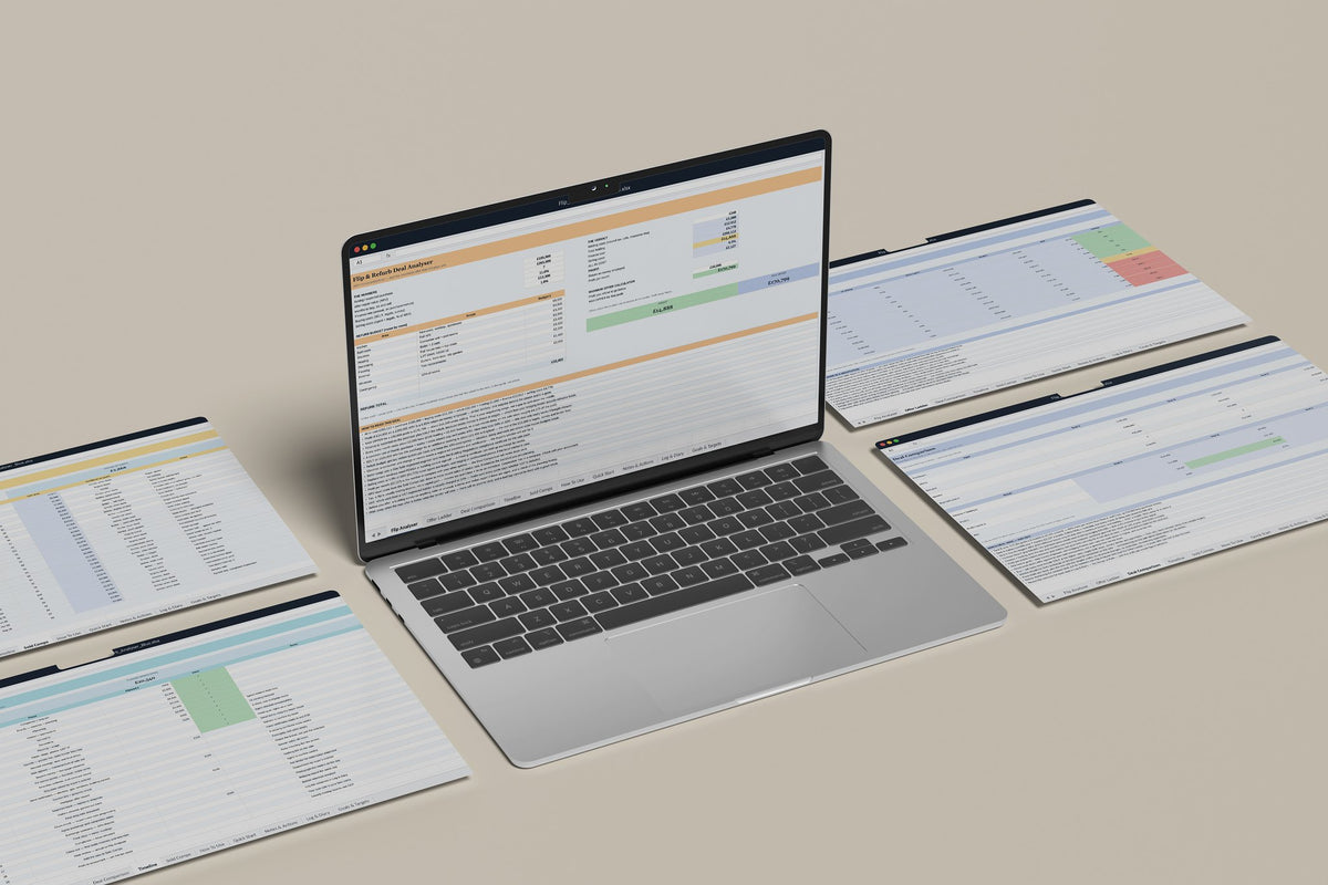 Flip and Refurb Analyser Excel template, Flip Analyser tab on a laptop screen