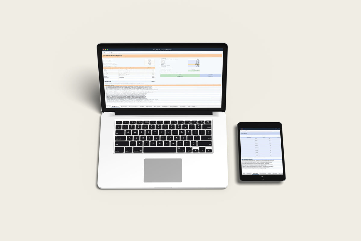 Flip and Refurb Analyser Excel template on a MacBook and iPad