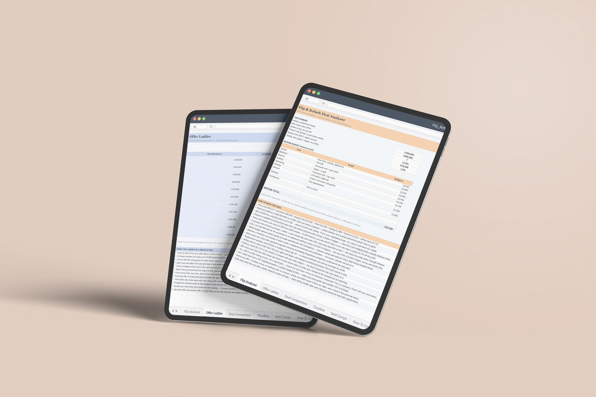 Flip and Refurb Analyser Excel template on an iPad Pro