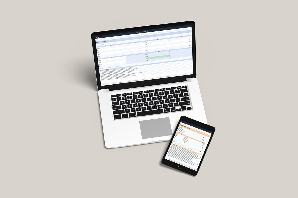 Flip and Refurb Analyser Excel template on a MacBook and iPad, second view