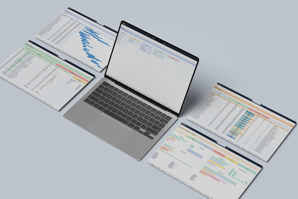 Flooring Task Tracker 2.0 Excel template, Kanban Board tab on a laptop screen
