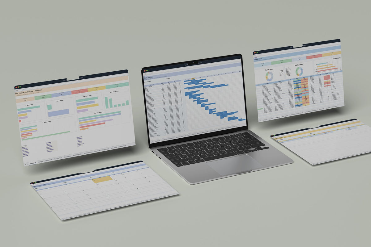 Flooring Task Tracker 2.0 Excel template, Gantt Timeline tab on a laptop screen