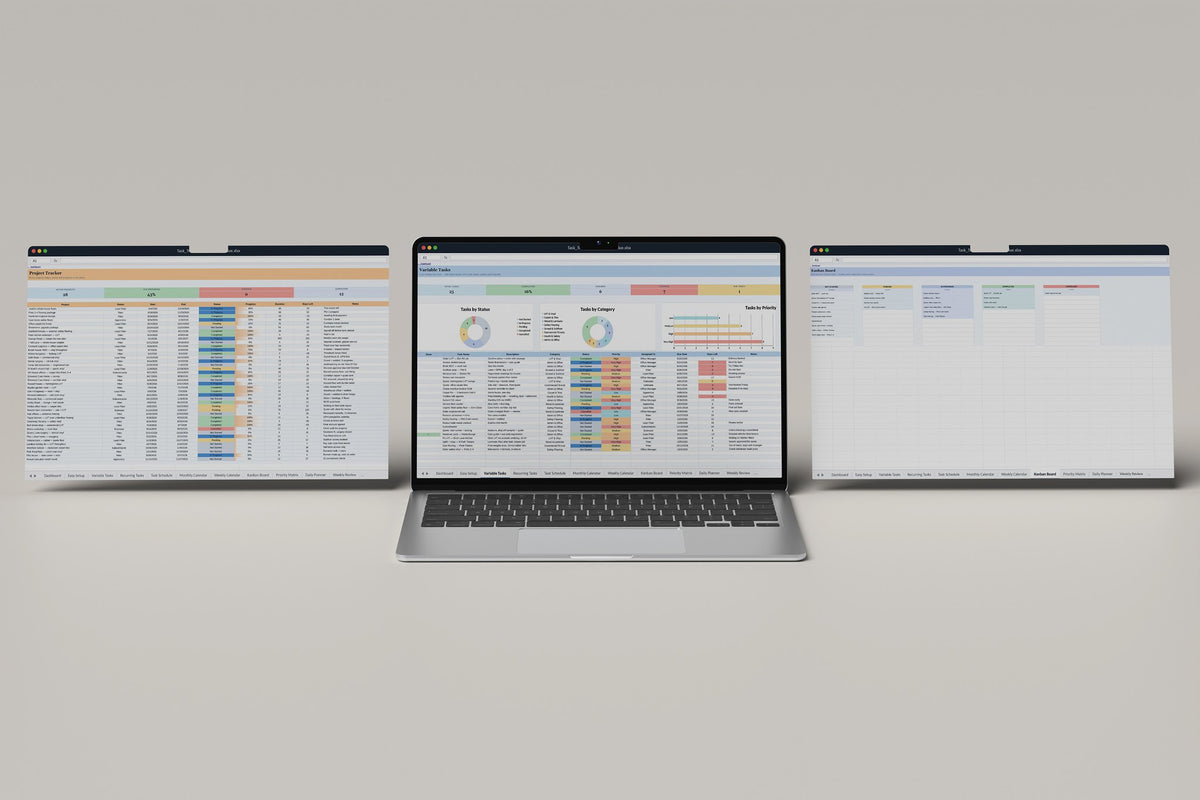 Flooring Task Tracker 2.0 Excel template, Variable Tasks tab on a laptop screen