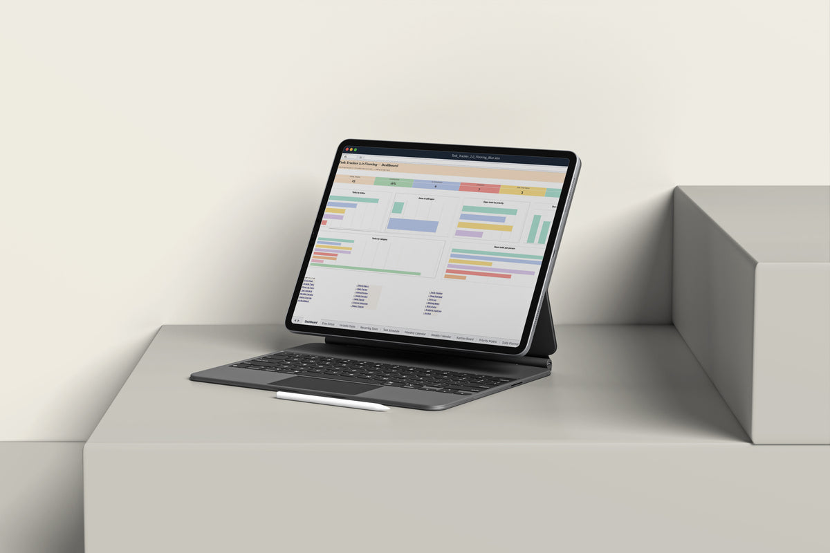 Task Tracker Flooring Excel template on an iPad with keyboard