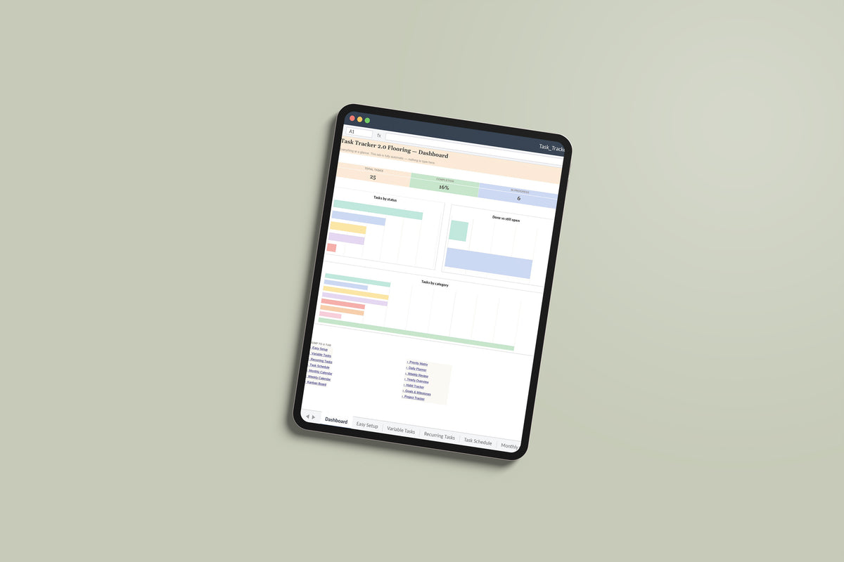 Task Tracker Flooring Excel template on an iPad Pro