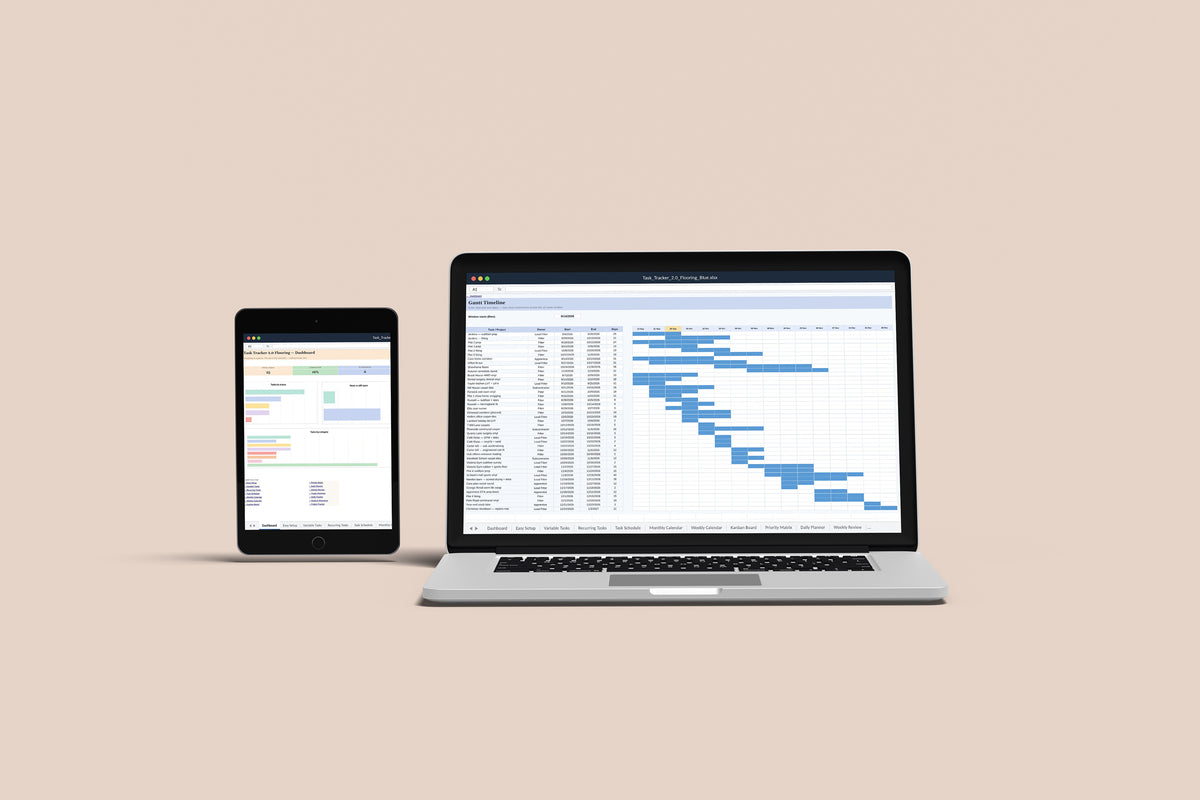 Task Tracker Flooring Excel template on a MacBook and iPad, second view