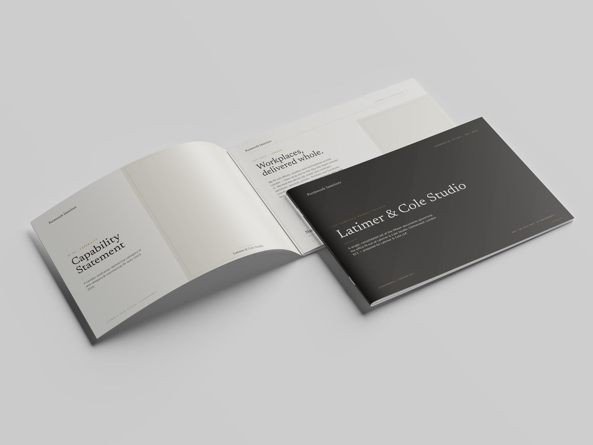 Commercial Fit-Out Contractor Project Pack in PowerPoint, printed and open at the first pages
