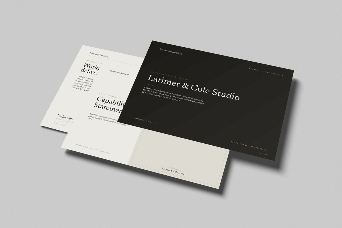 Commercial Fit-Out Contractor Project Pack in PowerPoint, printed pages floating