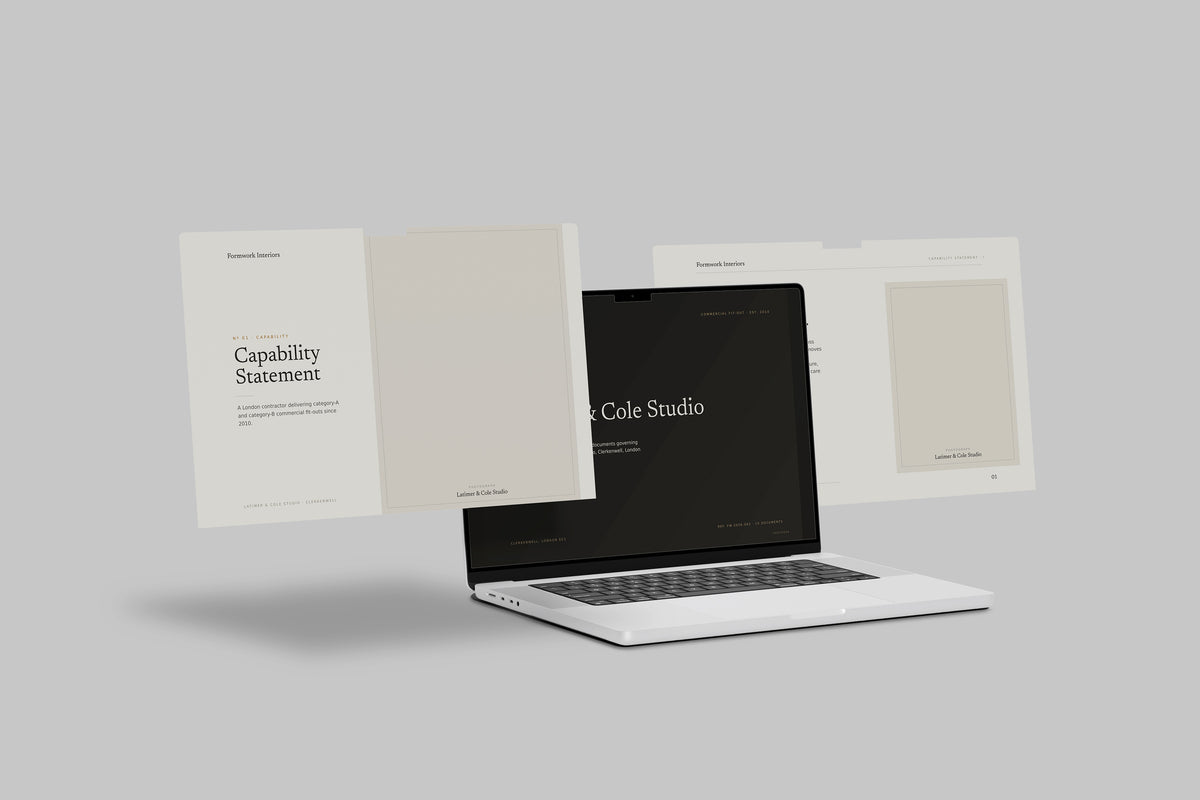 Commercial Fit-Out Contractor Project Pack in PowerPoint, shown on laptop screens