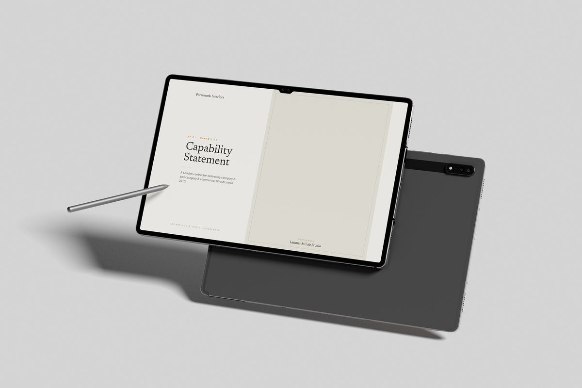 Commercial Fit-Out Contractor Project Pack in PowerPoint, inside pages shown on a tablet