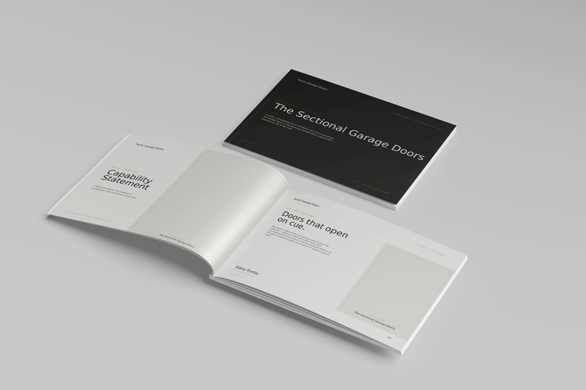 Garage Door Installer Project Pack in PowerPoint, printed cover shown at an angle