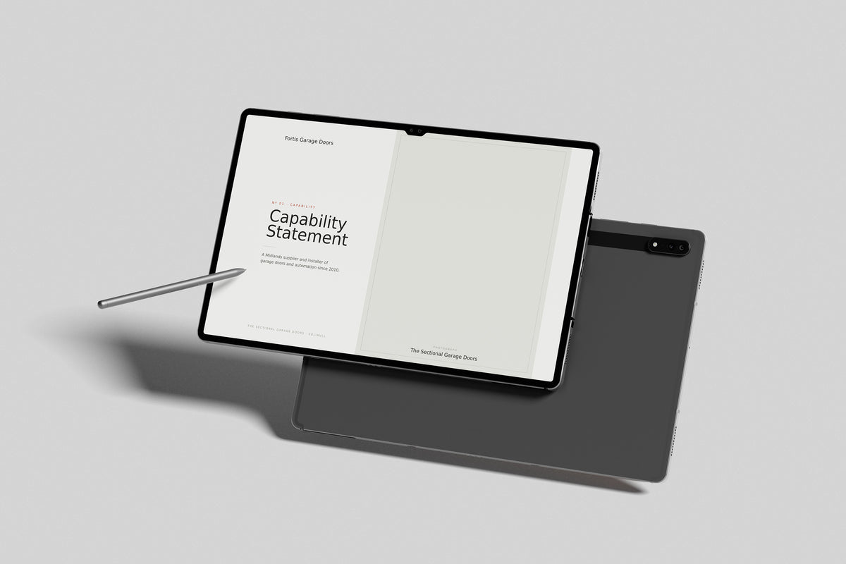 Garage Door Installer Project Pack in PowerPoint, inside pages shown on a tablet
