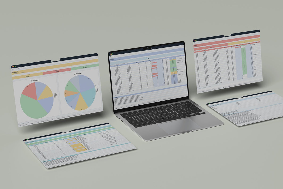 Freelancer OS Excel template, Projects tab on a laptop screen
