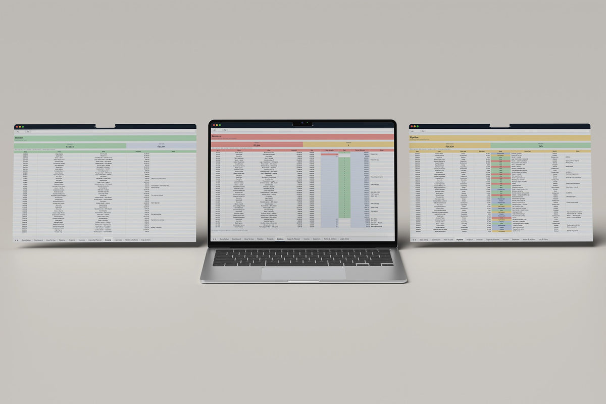 Freelancer OS Excel template, Invoices tab on a laptop screen