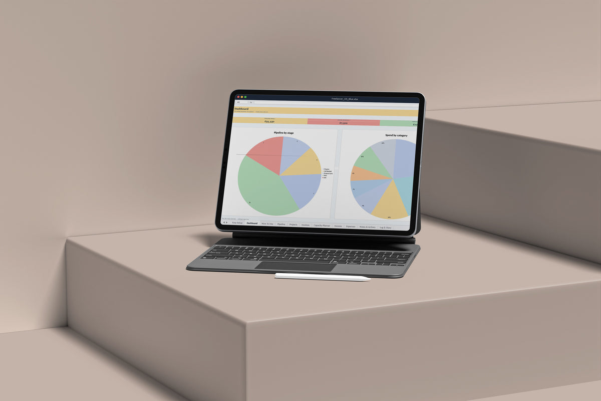 Freelancer OS Excel template on an iPad with keyboard