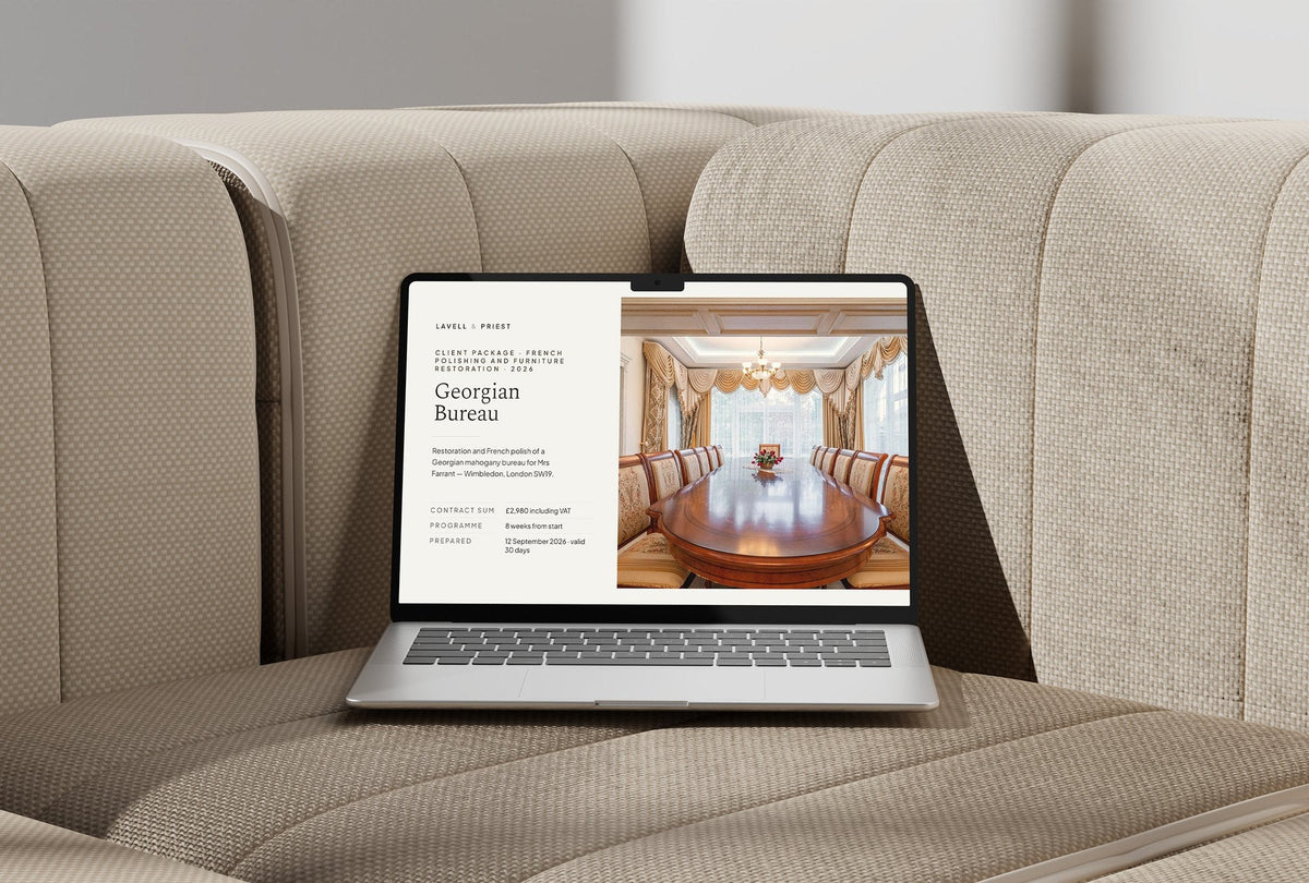 French Polishing and Furniture Restoration Client Package, Oat colourway, laptop screen mockup