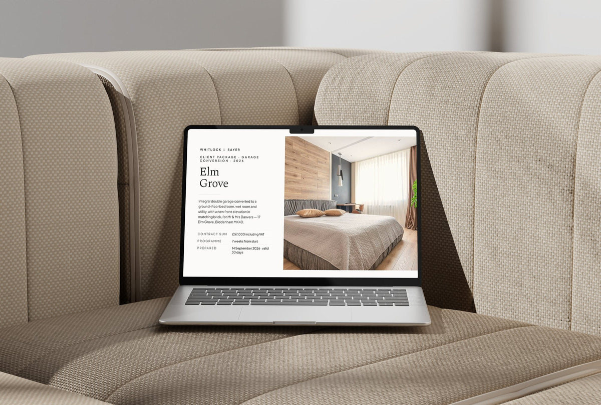 Garage Conversion Client Package, Ivory colourway, laptop screen mockup