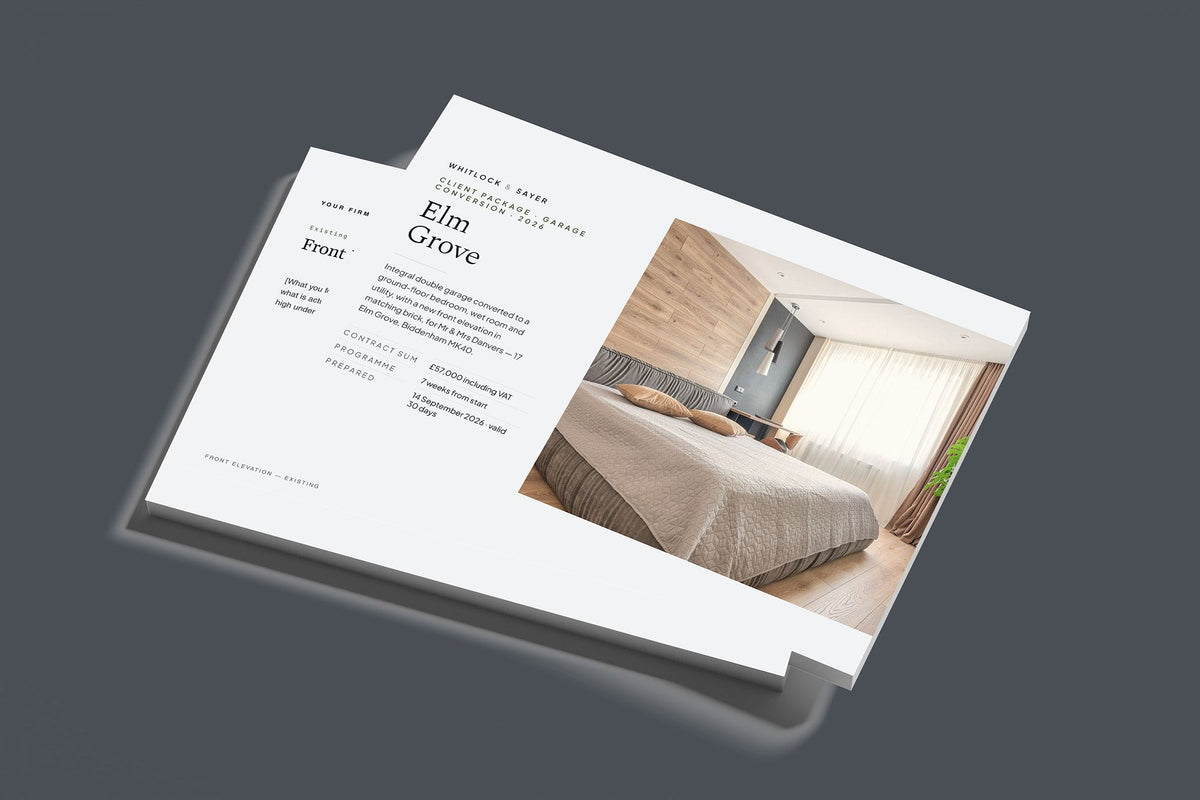 Garage Conversion Client Package, Slate colourway, stacked books mockup