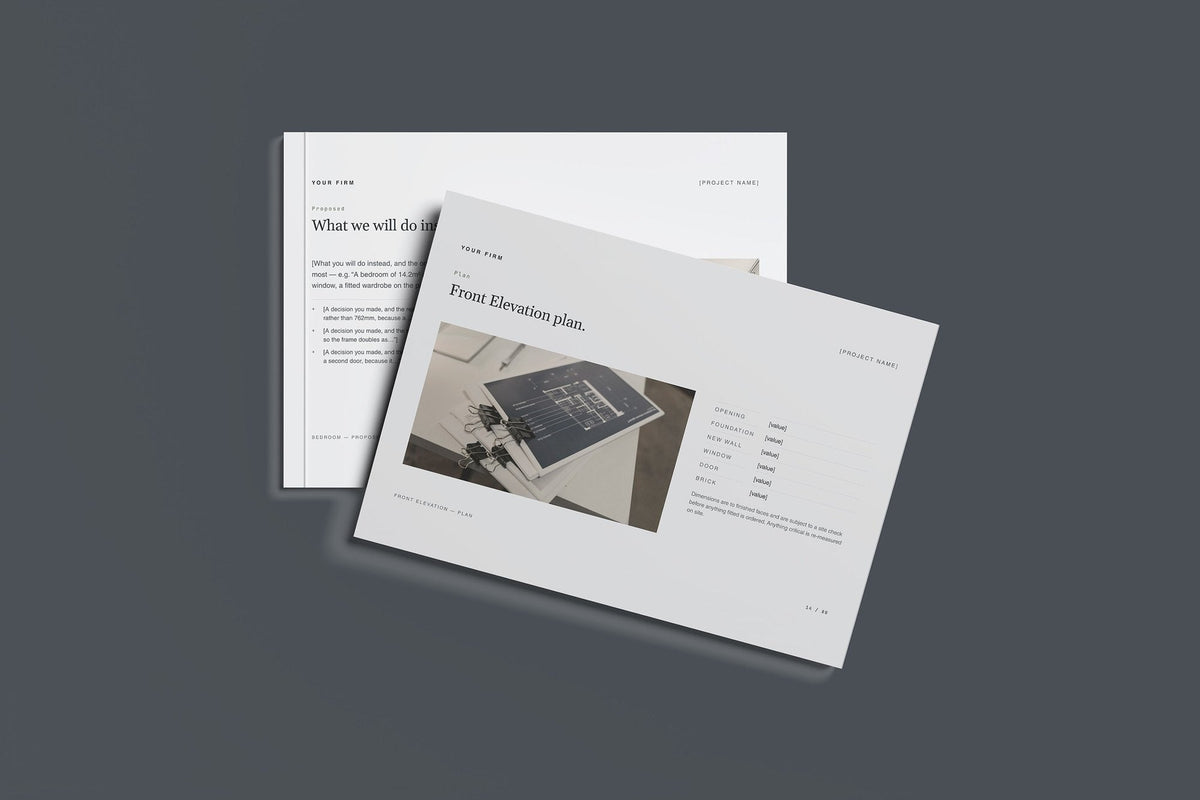 Garage Conversion Client Package, Slate colourway, front and back cover mockup