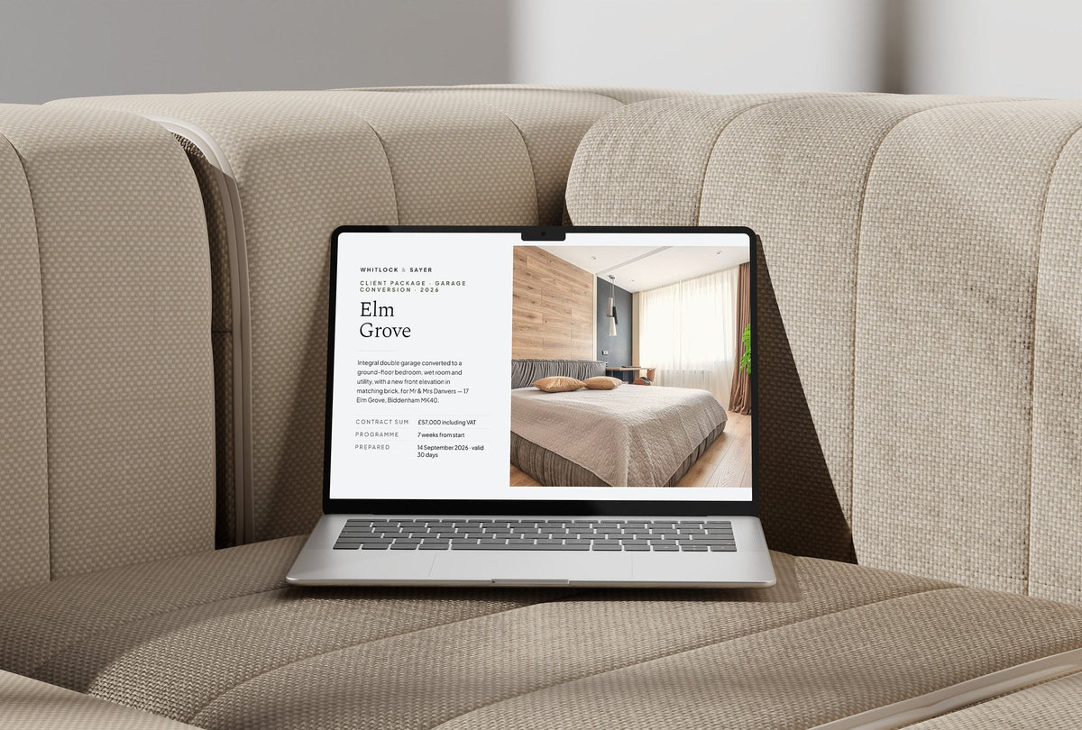 Garage Conversion Client Package, Slate colourway, laptop screen mockup
