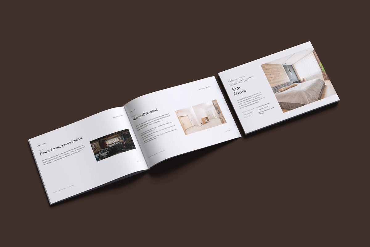 Garage Conversion Client Package, Standard colourway, cover and inside spread mockup