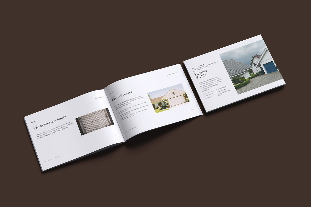 Garage Doors Client Package, Ivory colourway, cover and inside spread mockup