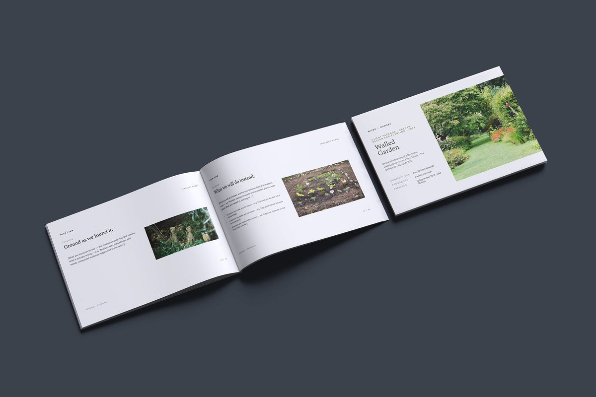 Garden Design and Planting Client Package, Slate colourway, cover and inside spread mockup
